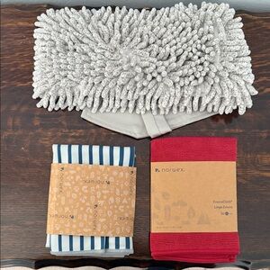 Norwex Gray Chenille Hand Duster with Red EnviroCloth and Blue-Striped Cloth